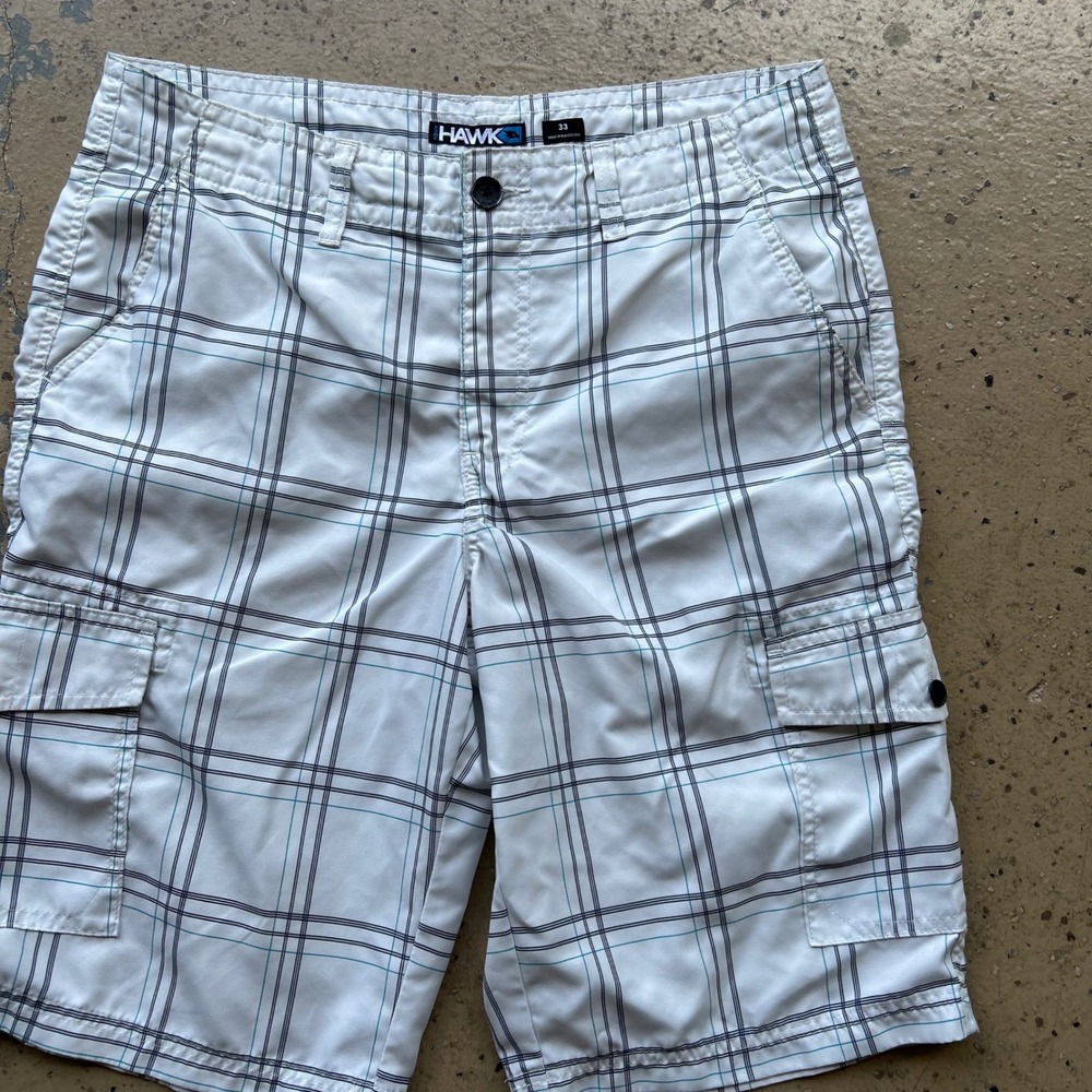 Tony Hawk Mens Plaid Cargo Shorts White Black Teal Size 33 Skater Casual